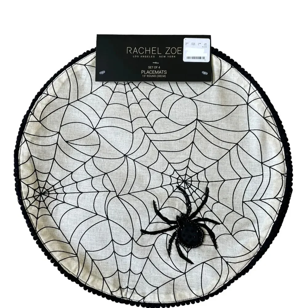 Rachel Zoe Halloween Spider Web with Beaded Spider Placemats 15in Set of 4 NEW